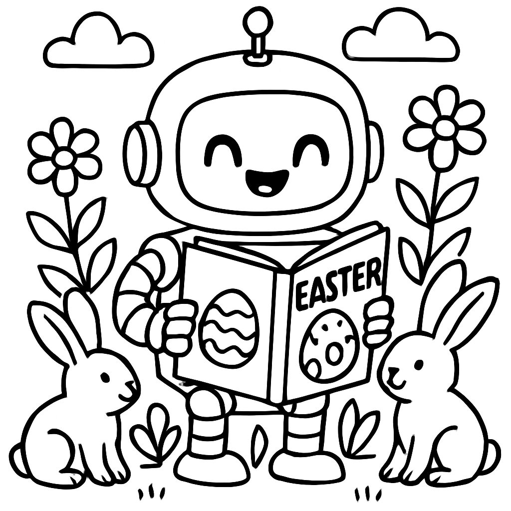 Astronauta felice con coniglietti e libro di Pasqua da colorare