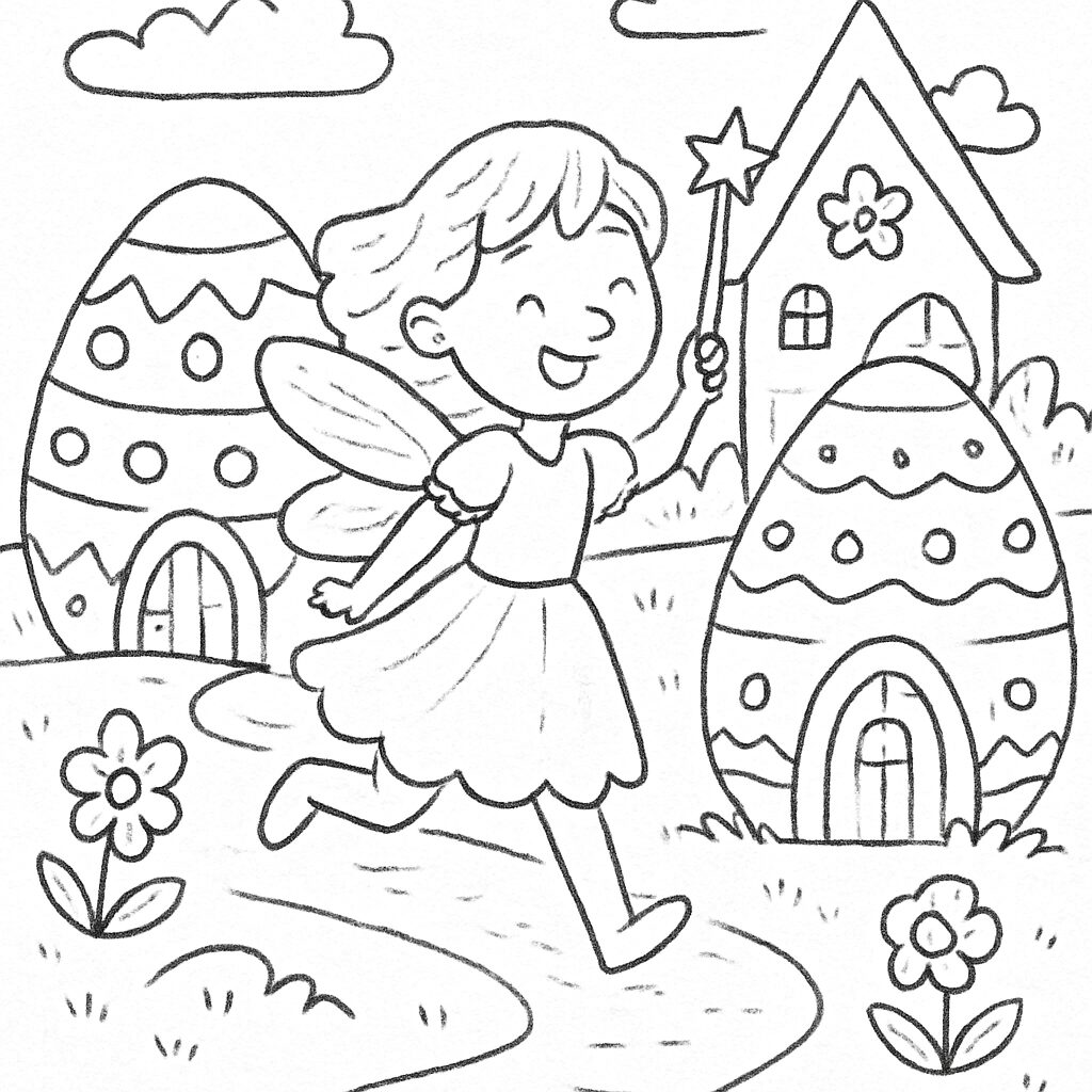 Fata felice con uova decorate e casetta incantata da colorare