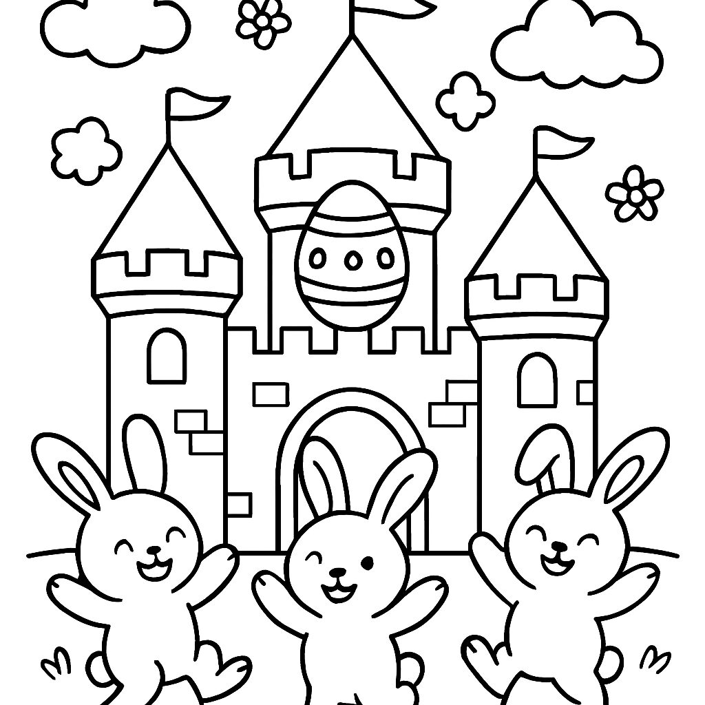 Coniglietti felici davanti al castello pasquale da colorare
