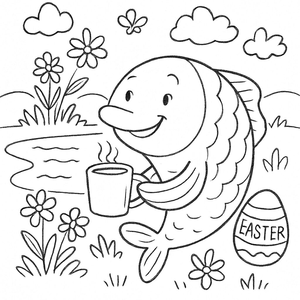 Pesce sorridente con tazza e uovo di Pasqua da colorare