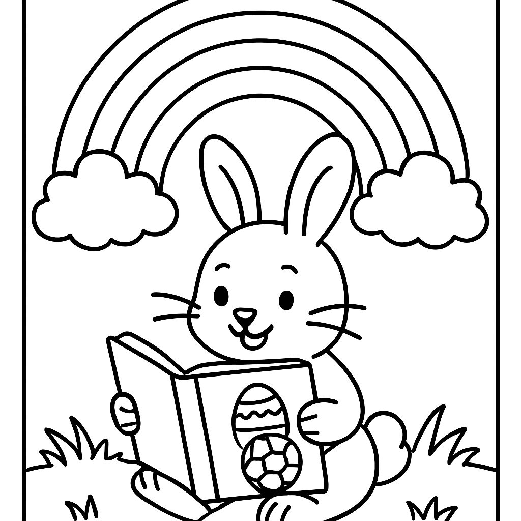 Coniglio che legge sotto un arcobaleno da colorare