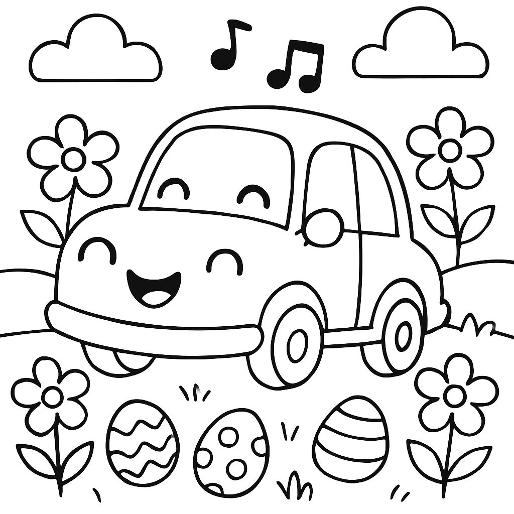 Auto sorridente tra fiori e uova di Pasqua da colorare