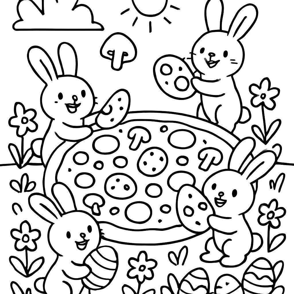 Coniglietti felici con la pizza e uova da colorare