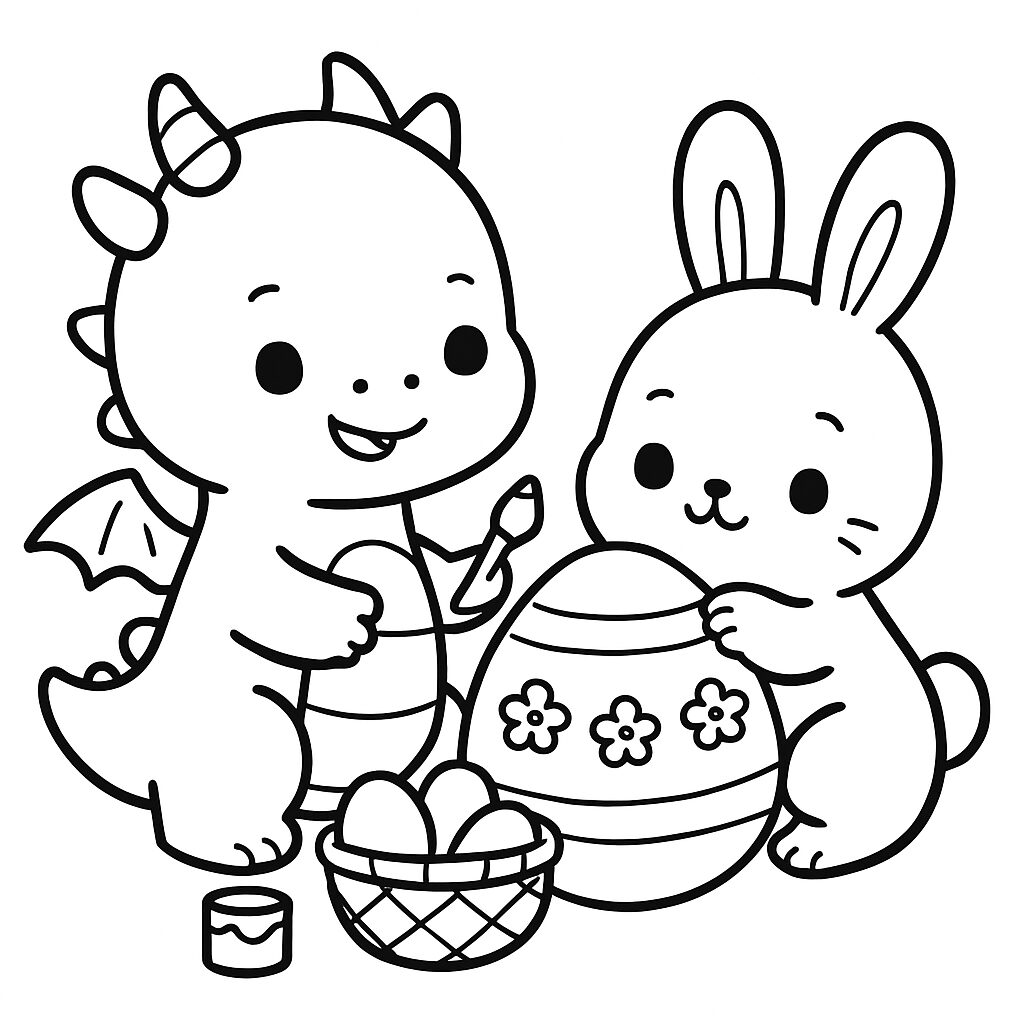 Disegno da colorare di un drago e un coniglio che decorano uova
