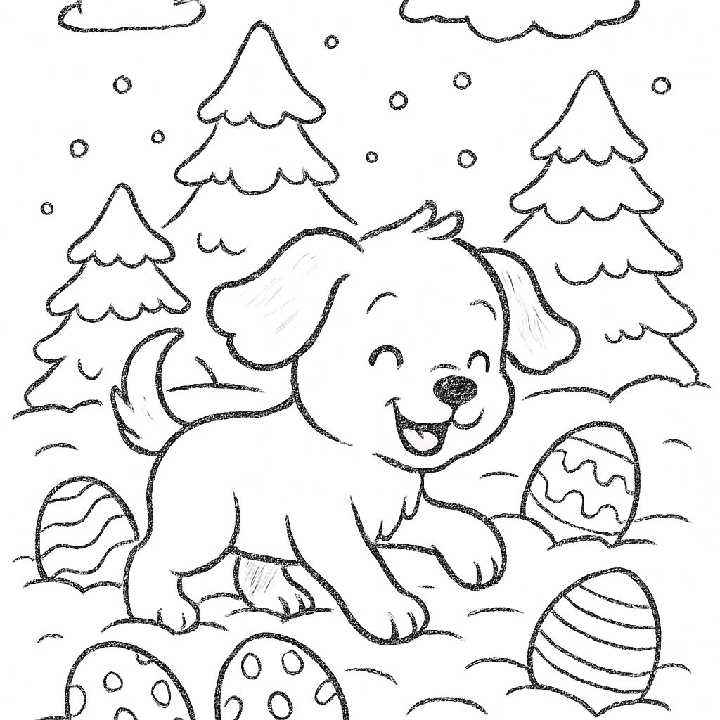 Cagnolino felice tra uova di Pasqua da colorare