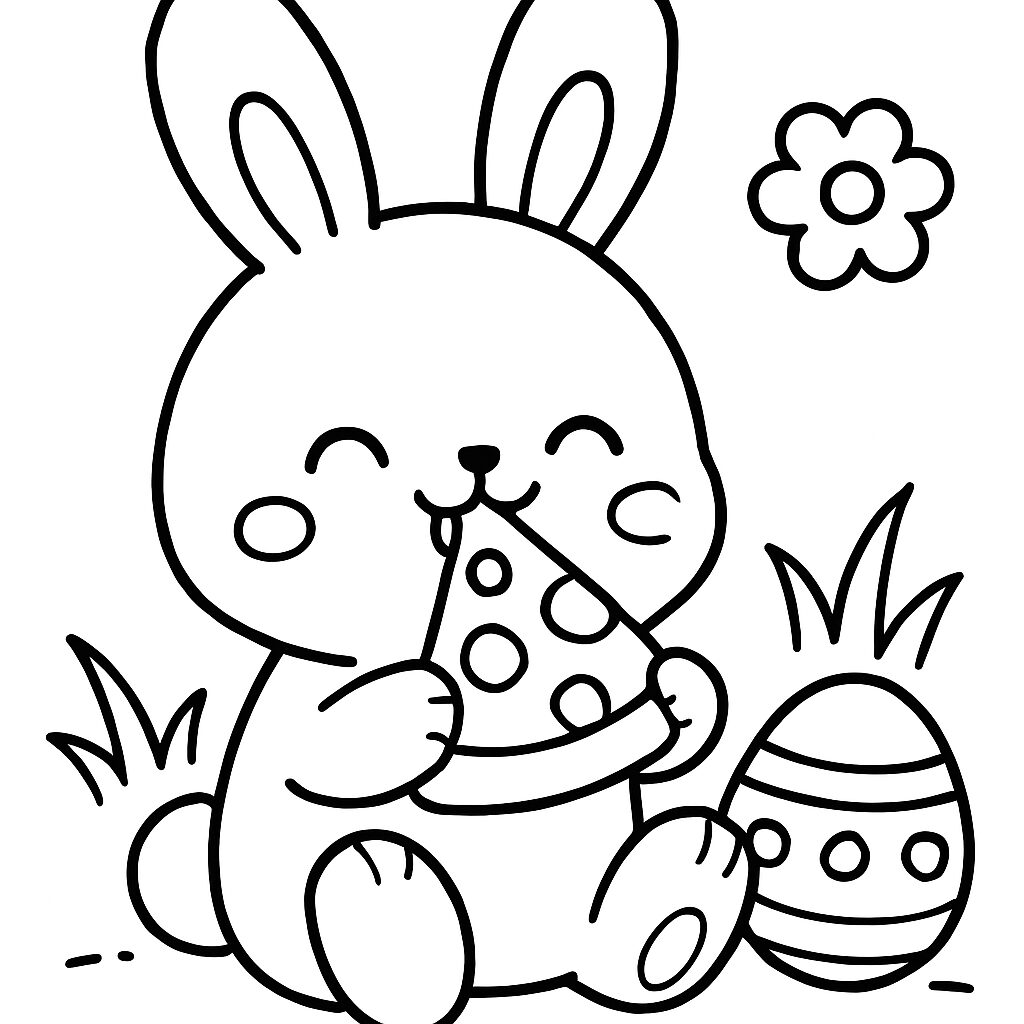 Coniglio felice che mangia una fetta di pizza con uovo decorato