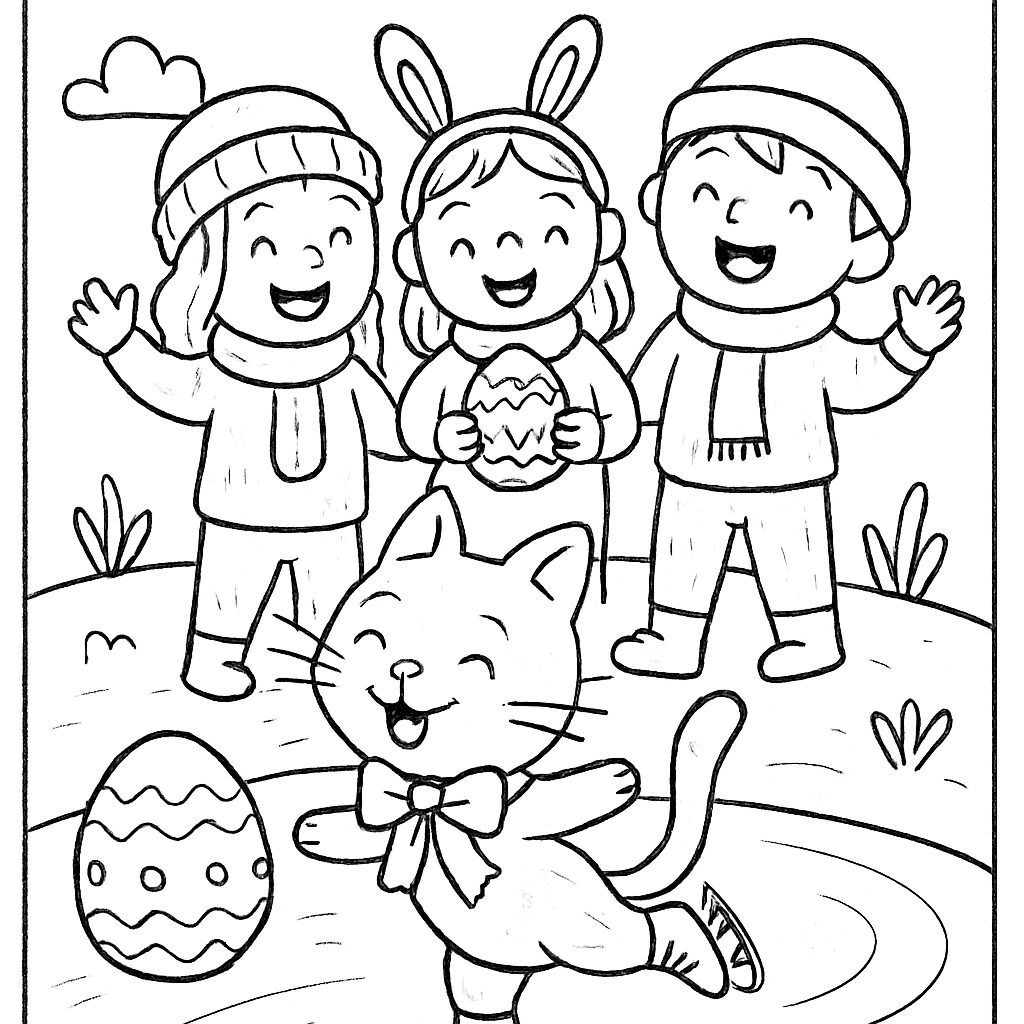 Bambini e un gatto felice con uova di Pasqua da colorare