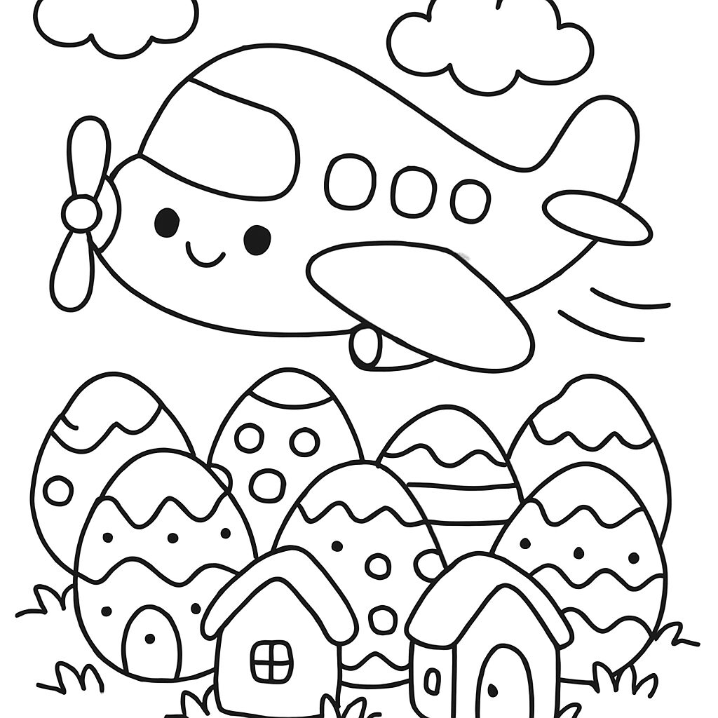 Aereo sopra un campo di uova decorate da colorare