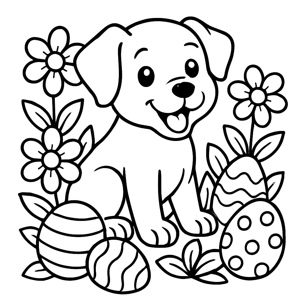 Cagnolino felice tra fiori e uova di Pasqua da colorare