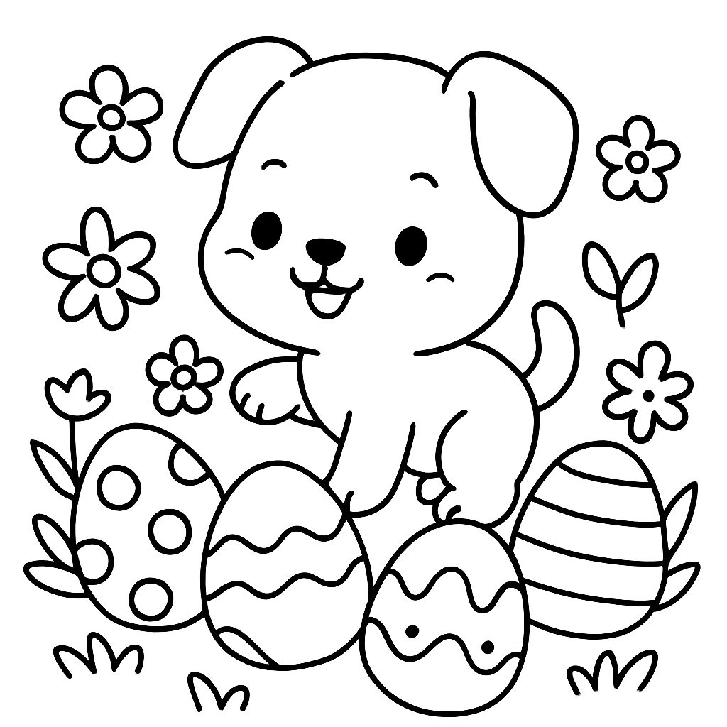 Cagnolino felice tra uova decorate e fiori da colorare