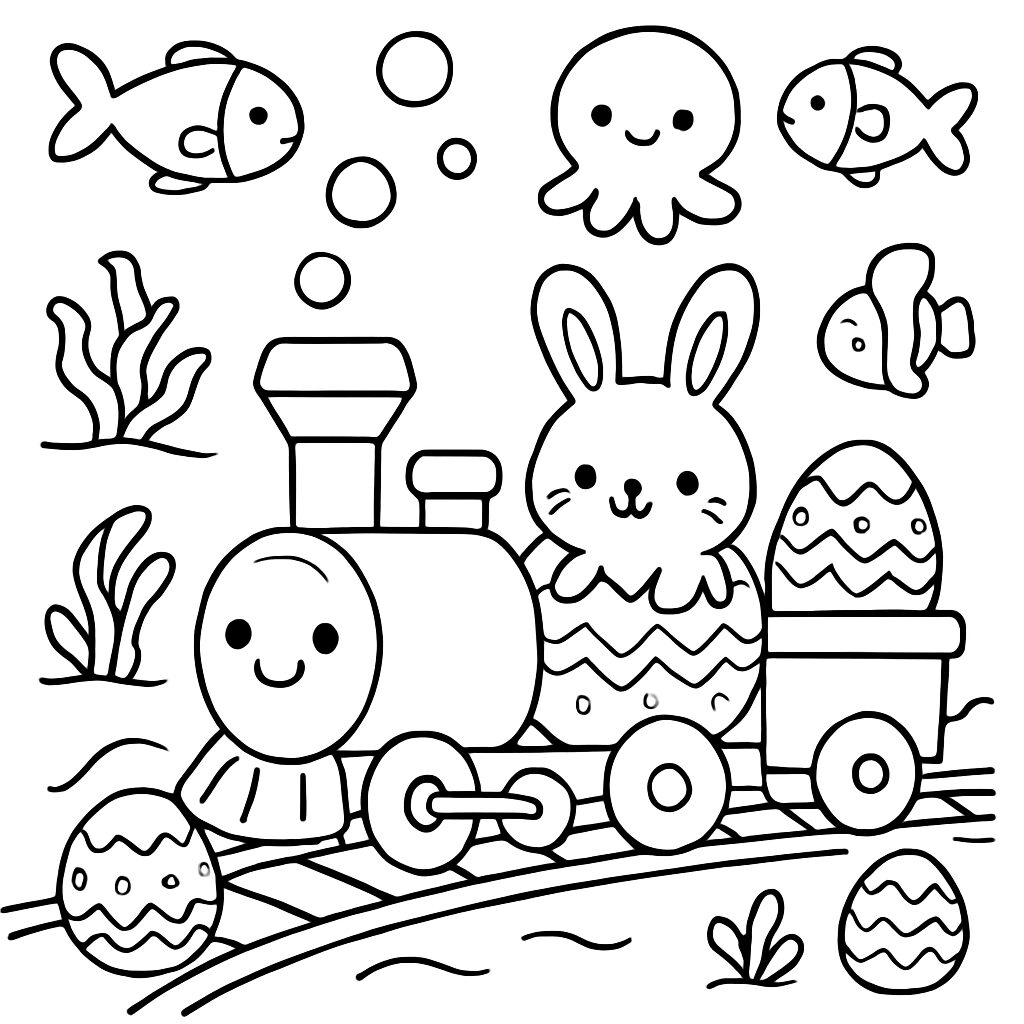 Treno Pasquale con Coniglio e Pesci da Colorare