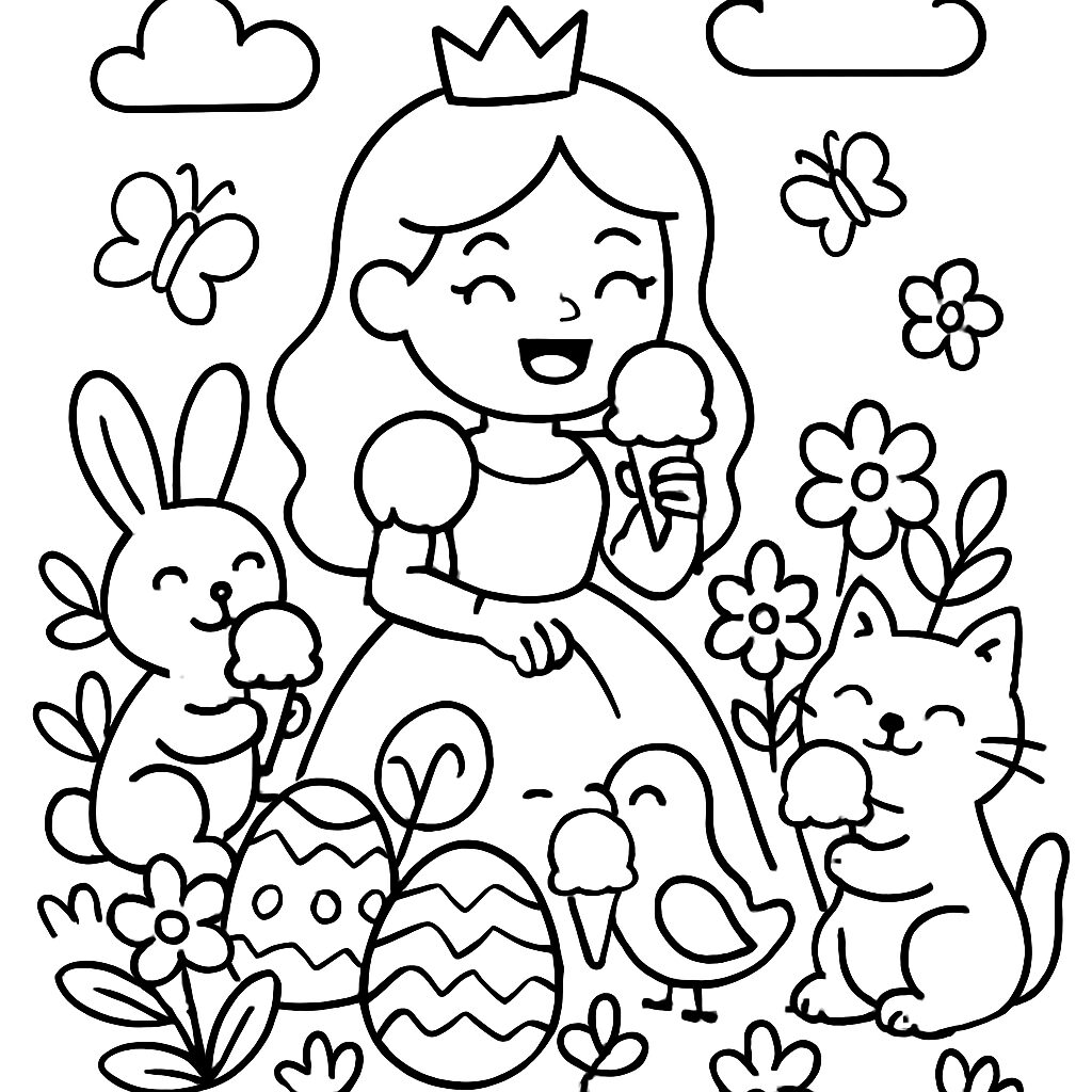 Festa di Primavera con Principessa e Animali da Colorare