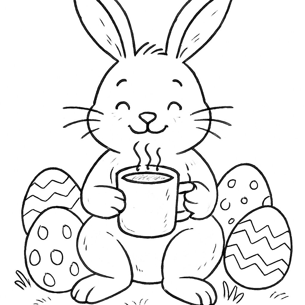 Disegno da colorare di un coniglio con una tazza e uova di Pasqua