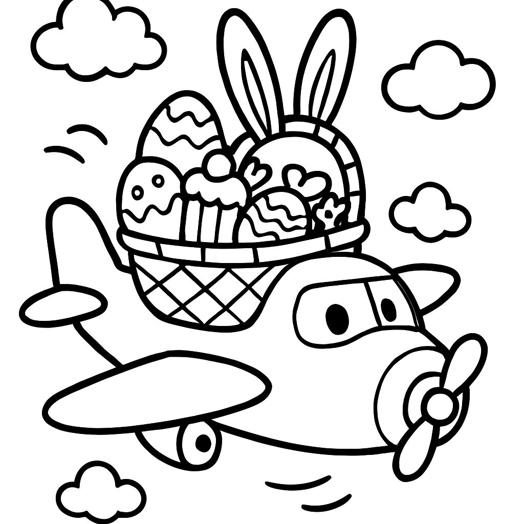 Aereo pasquale con cesto di dolci e uova da colorare