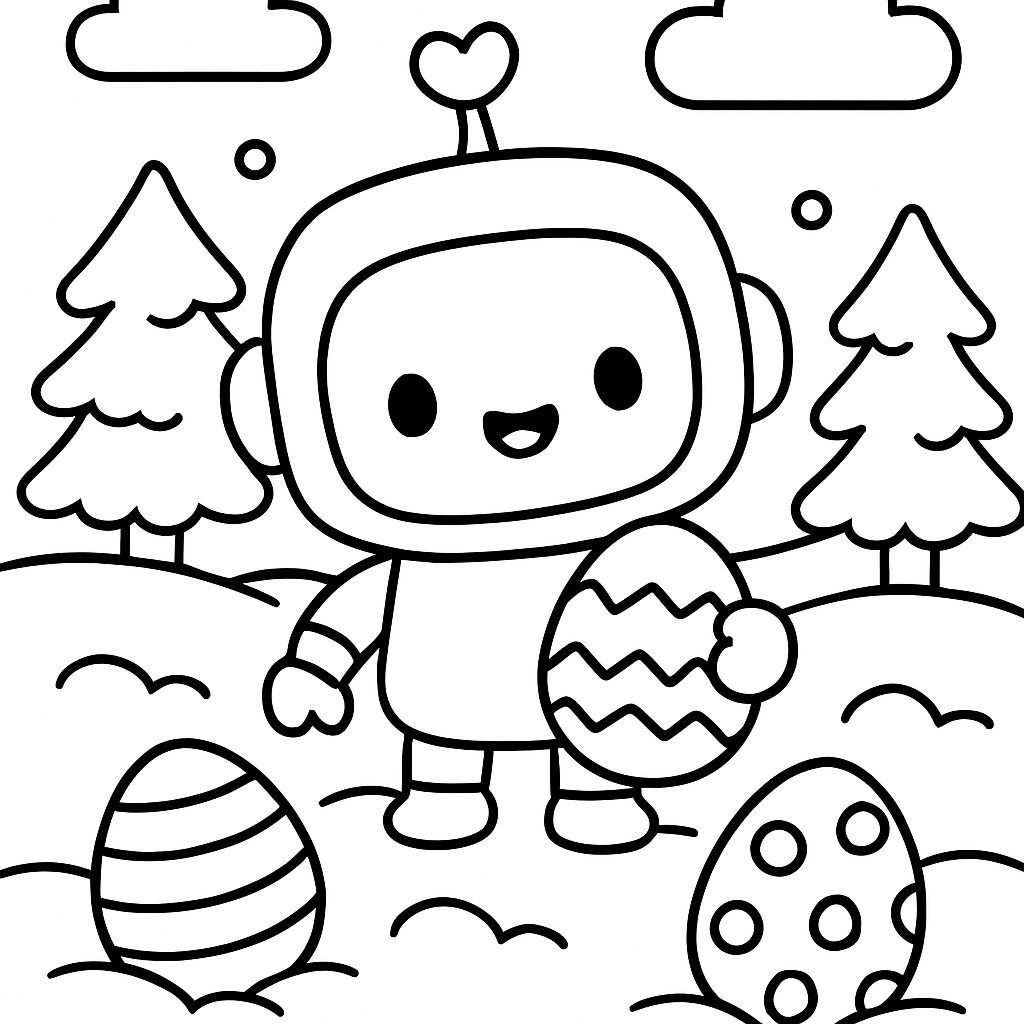Robot con uova di Pasqua in un paesaggio primaverile da colorare