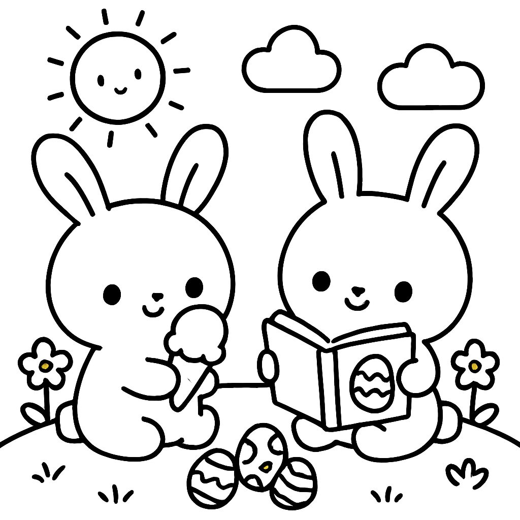 Bunnies che leggono e gustano un gelato in un giorno di sole