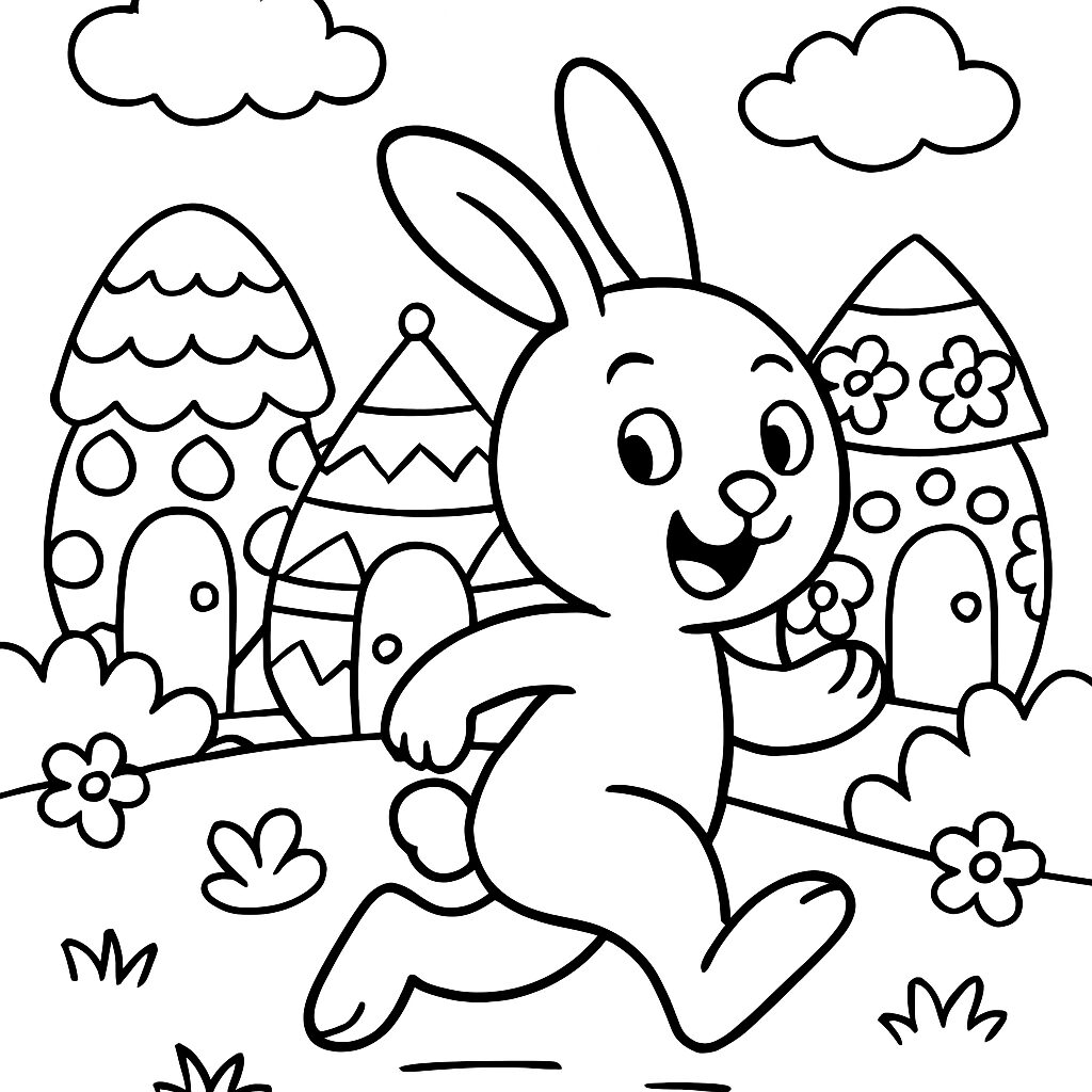 Coniglio felice in un villaggio colorato da colorare