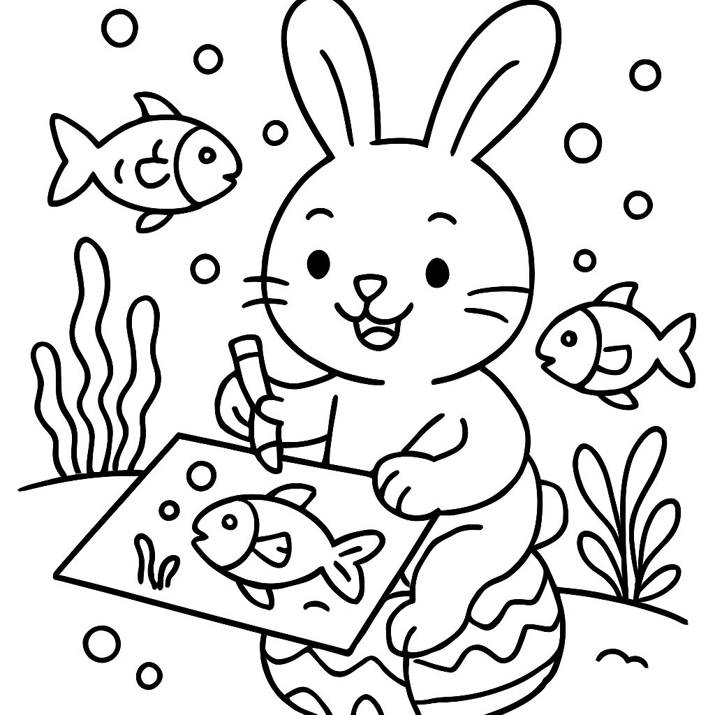 Coniglio che disegna pesci in fondo marino da colorare