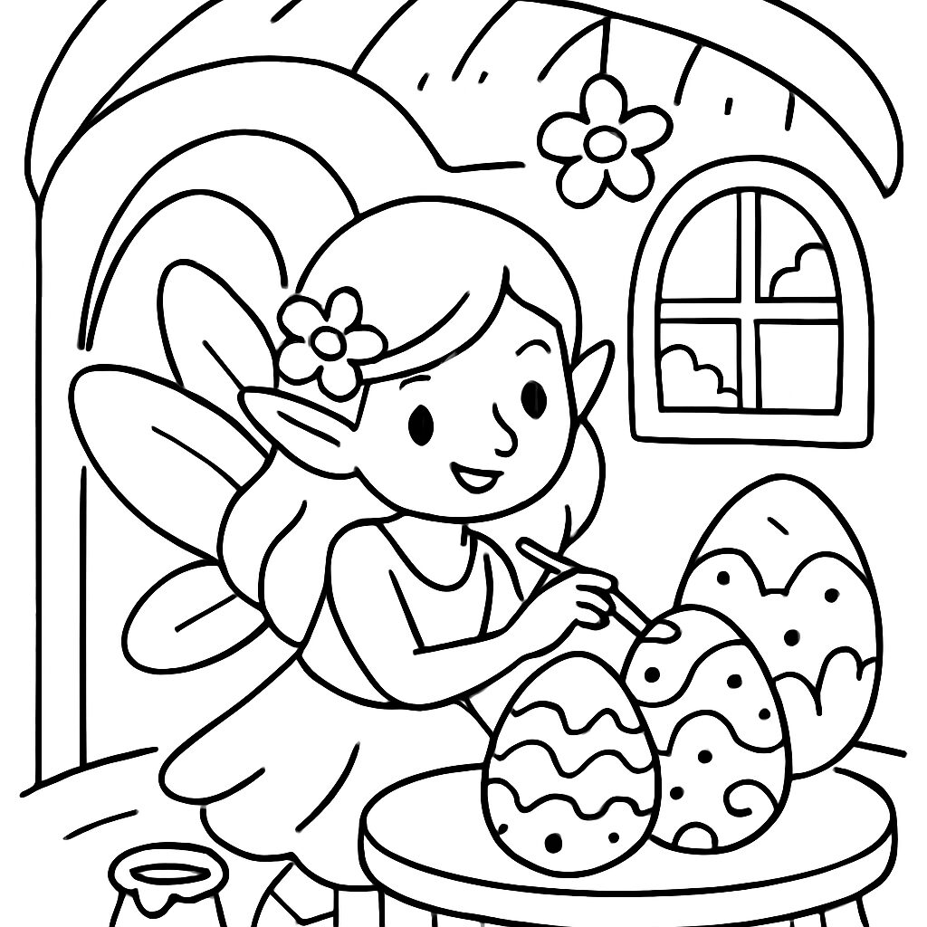 Fata che colora uova di Pasqua nel suo rifugio