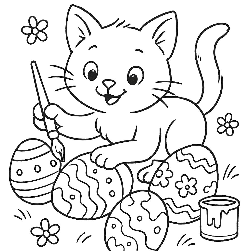 Gattino che dipinge uova di Pasqua da colorare