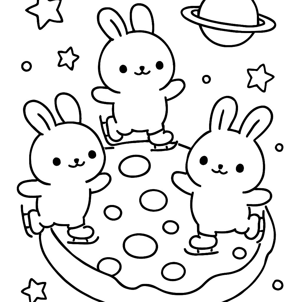Coniglietti che pattinano su una luna stellata da colorare
