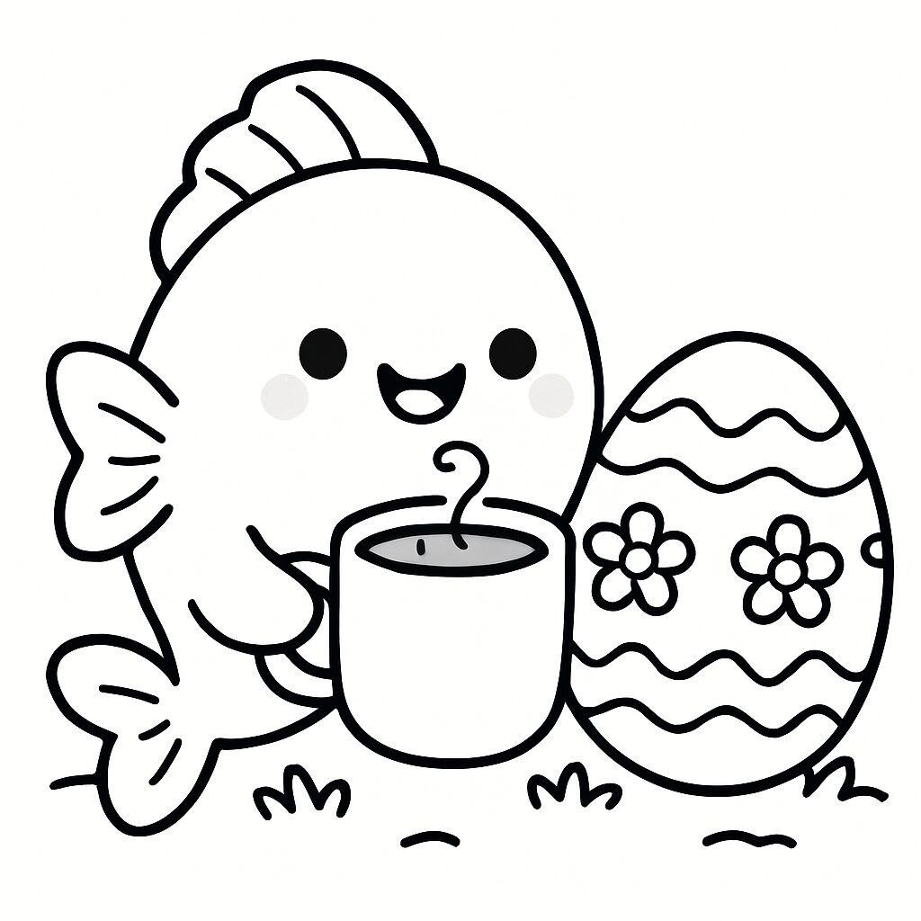 Pesce sorridente con tazza e uovo pasquale da colorare