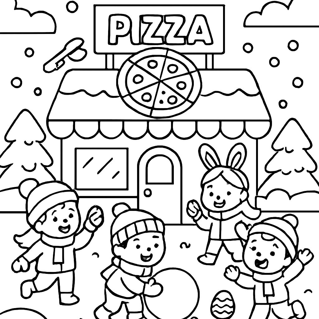Divertente disegno da colorare di bambini davanti a una pizzeria