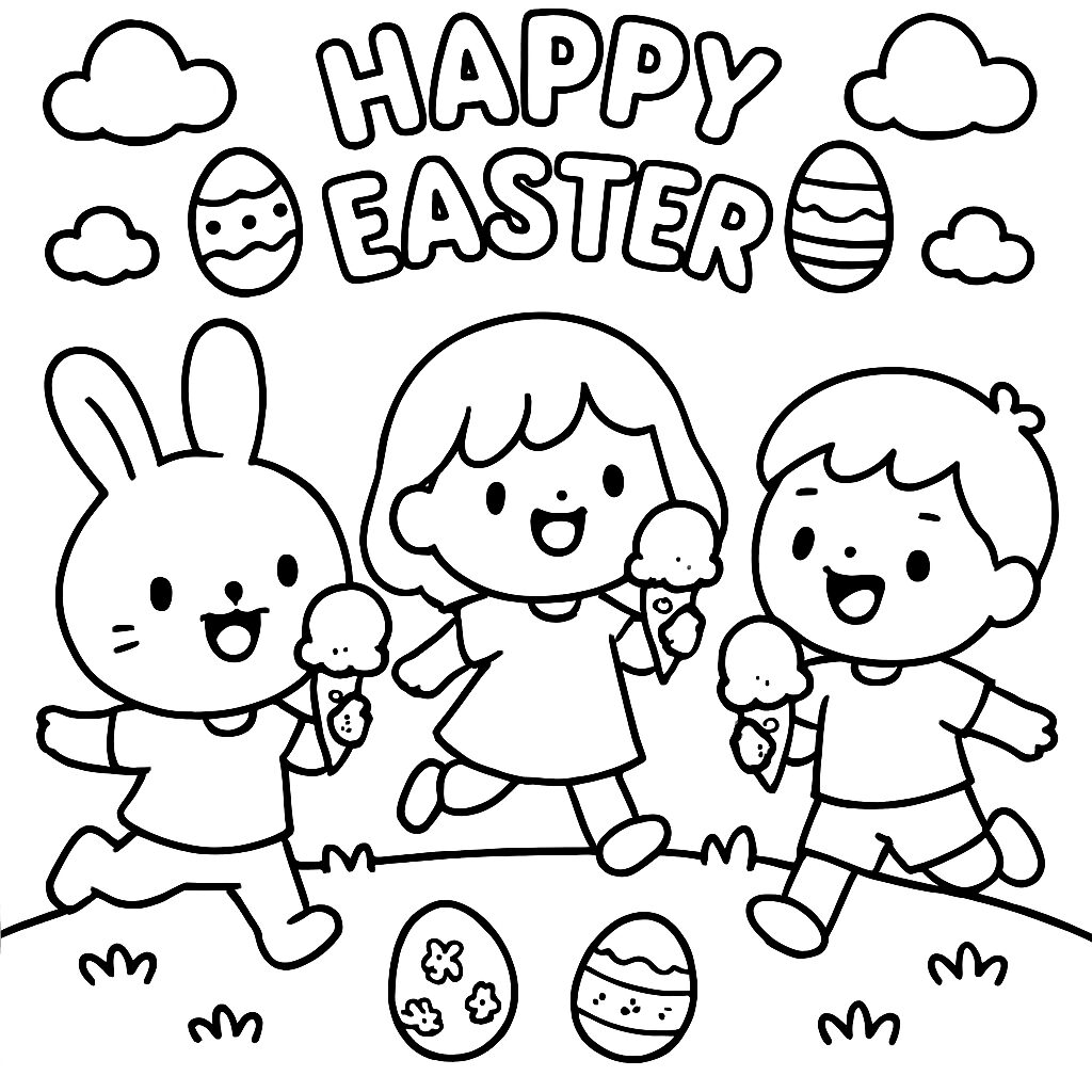 Divertente disegno da colorare di Pasqua con bambini e coniglietto