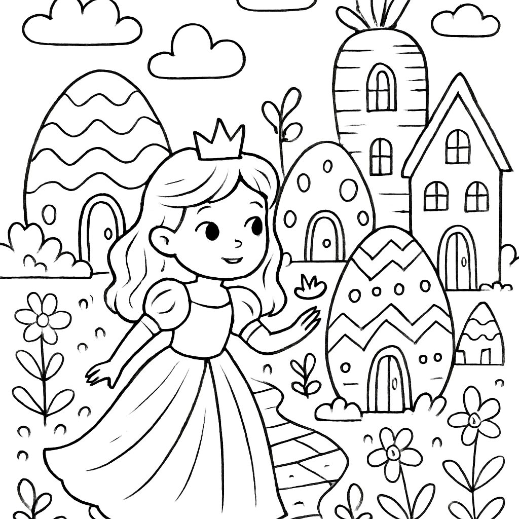 Principessa e uova colorate nel villaggio incantato