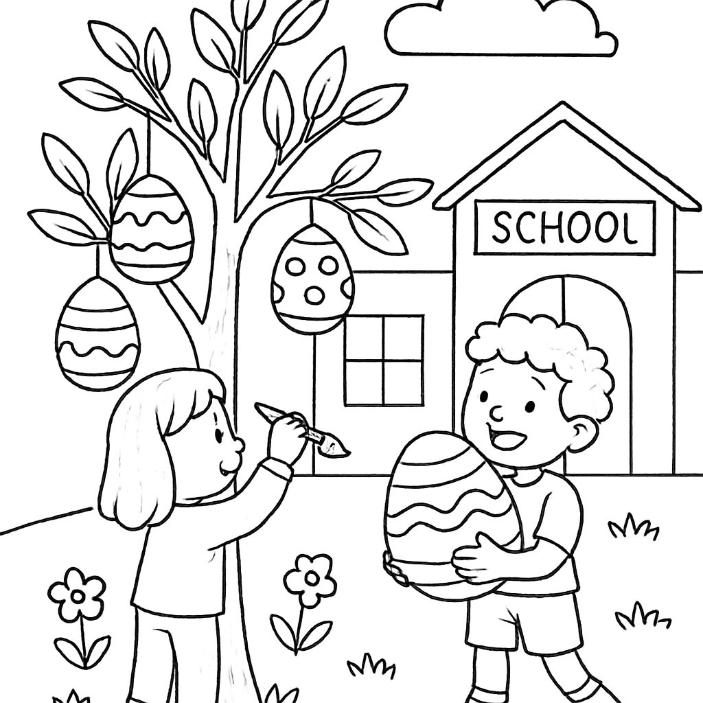 Bambini colorano uova di Pasqua davanti alla scuola