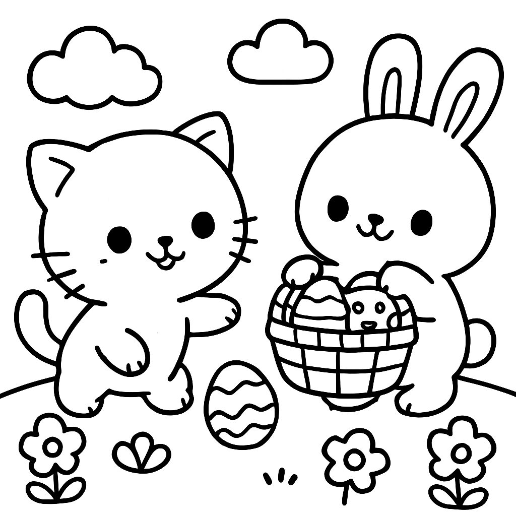 Disegno da colorare di un gatto e un coniglio con uova di Pasqua