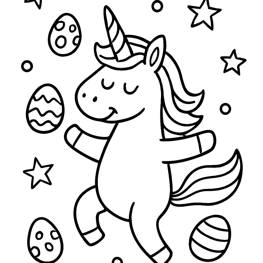 Unicorno danzante tra uova di Pasqua da colorare