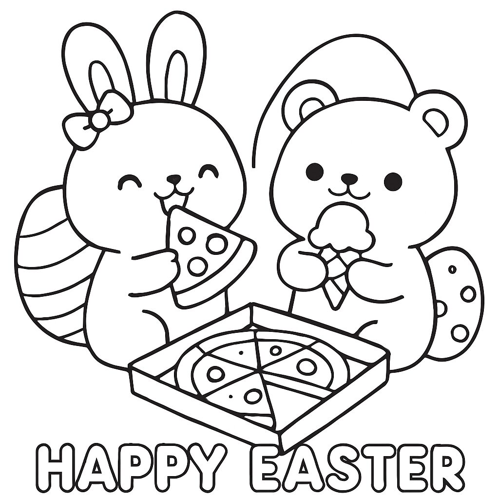 Disegno da colorare di Pasqua con coniglio e orsetto golosi