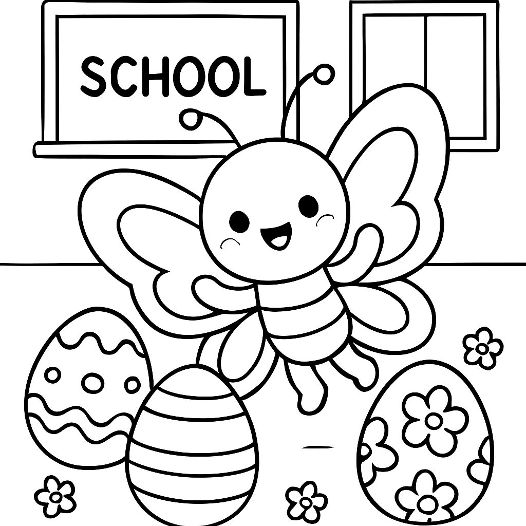 Farfalla felice e uova colorate davanti alla scuola