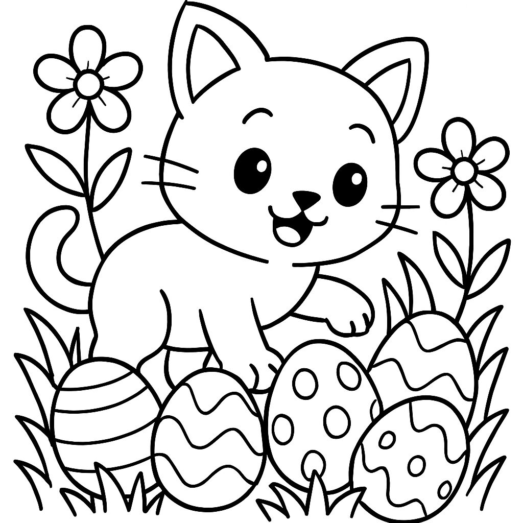 Gatto giocoso tra le uova di Pasqua da colorare