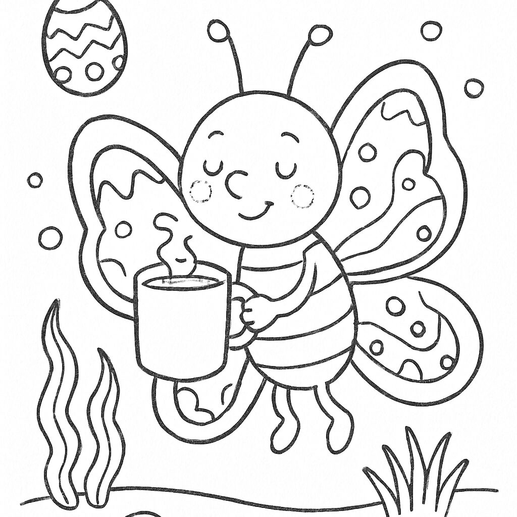 Farfalla con tazza: disegno da colorare per bambini