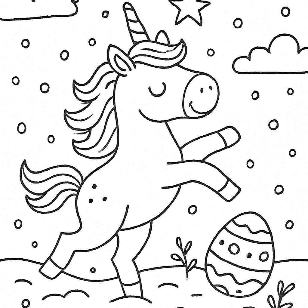 Unicorno felice con uovo di Pasqua da colorare