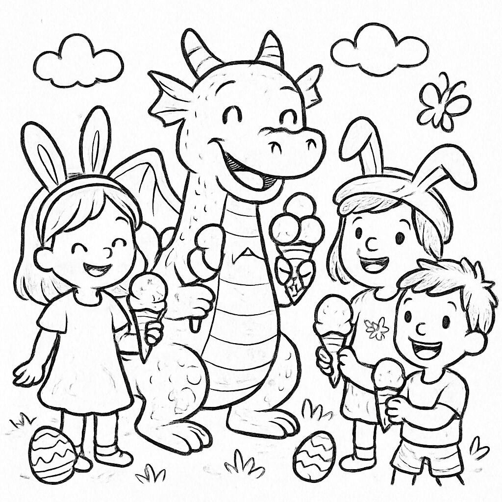 Divertente disegno da colorare di bambini e un drago con gelati