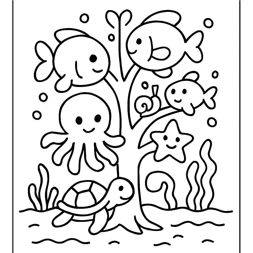Disegno da colorare di pesci e una tartaruga in un ambiente marino