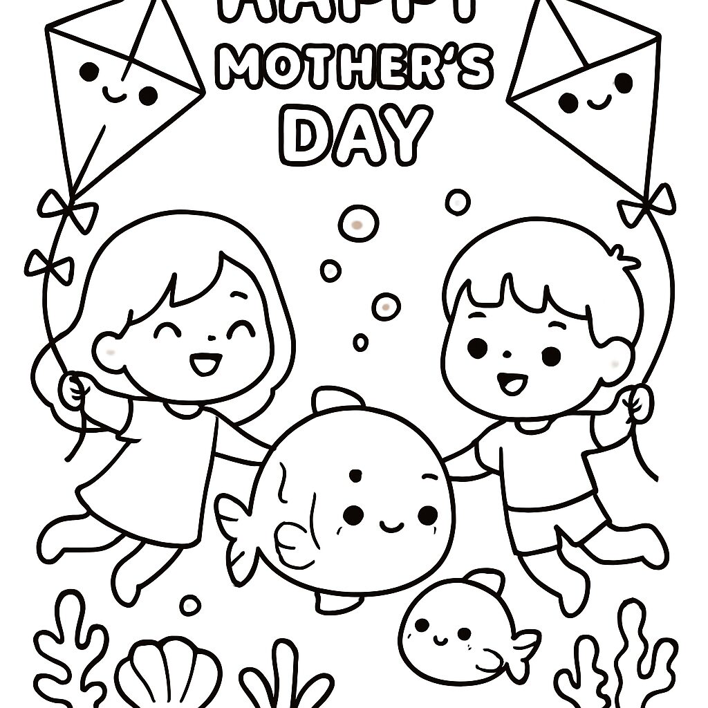 Disegno da colorare di bambini felici con pesci e aquiloni per la Festa della Mamma