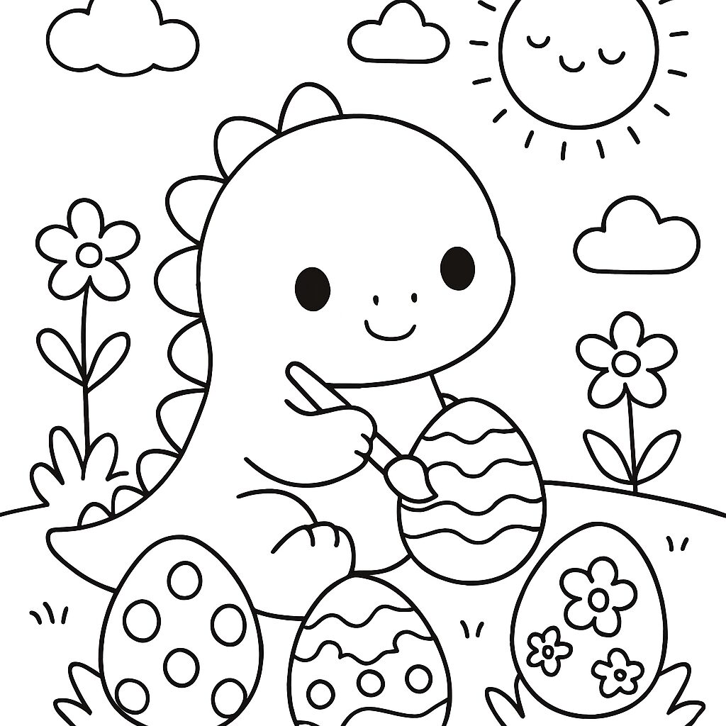 Dinosauro che colora le uova di Pasqua nel prato