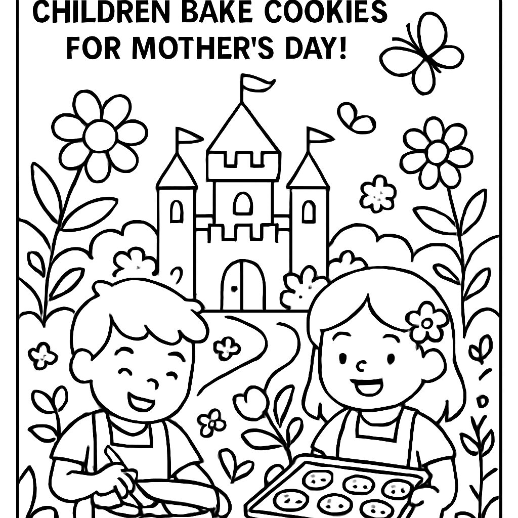 Bambini che preparano biscotti per la Festa della Mamma da colorare