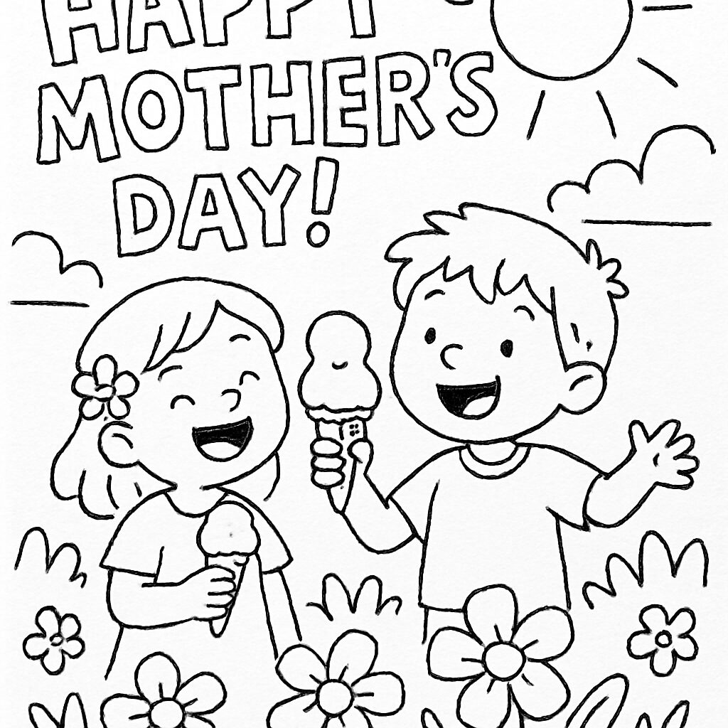 Bambini felici con gelato per la Festa della Mamma da colorare