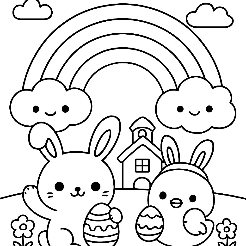 Disegno da colorare di coniglietti e uccellini festosi