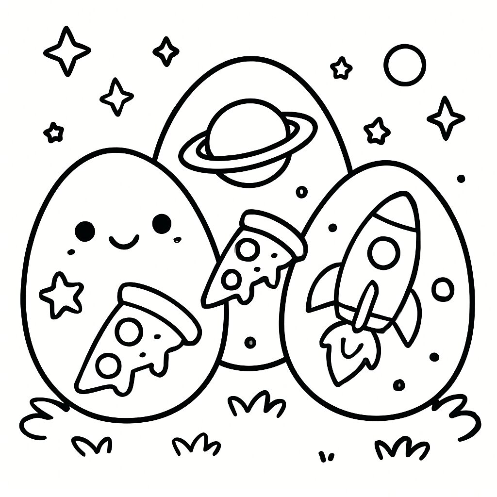 Uova spaziali con pizza e razzo da colorare