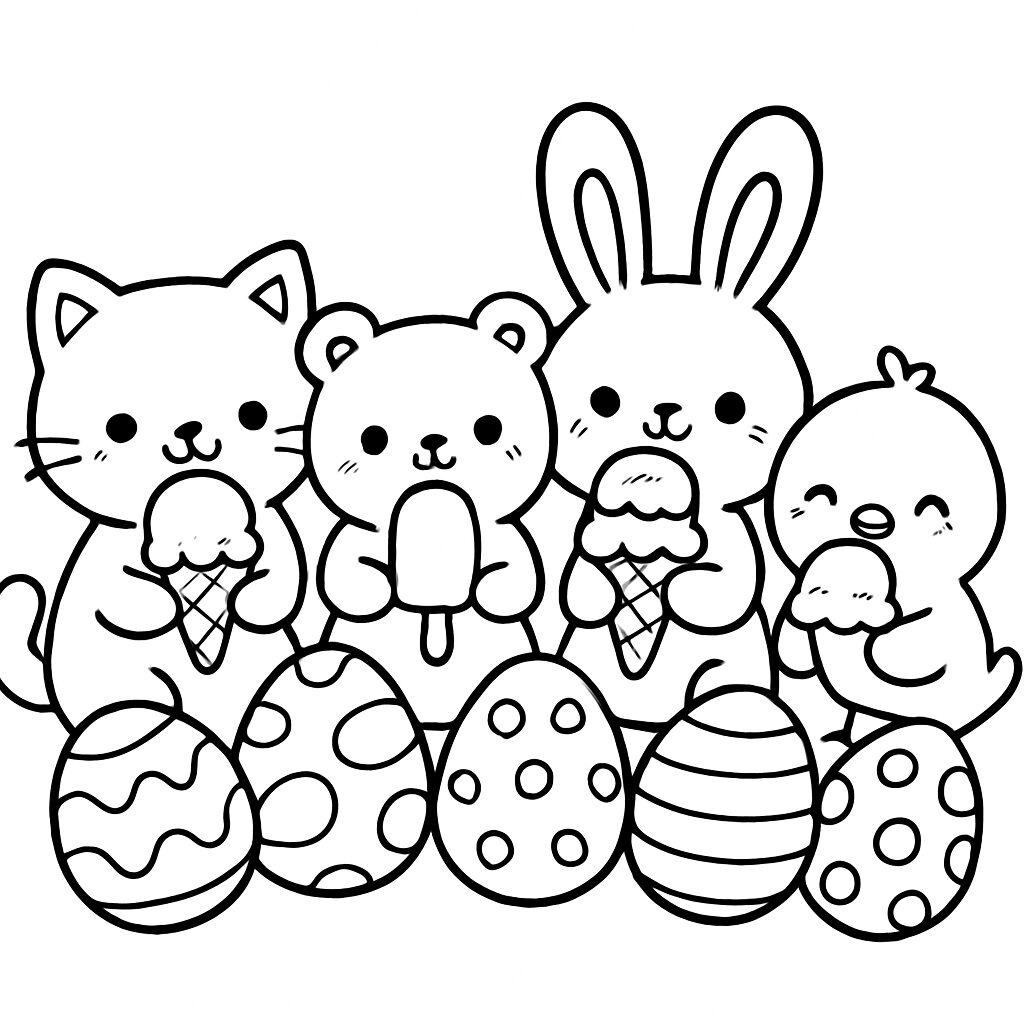 Animali festosi con gelati e uova da colorare