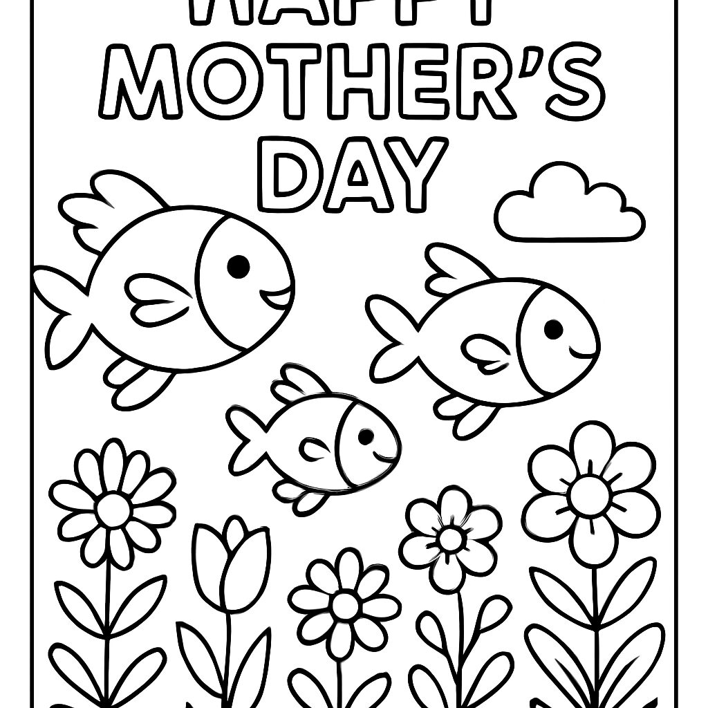 Disegno da colorare per la Festa della Mamma con pesci e fiori
