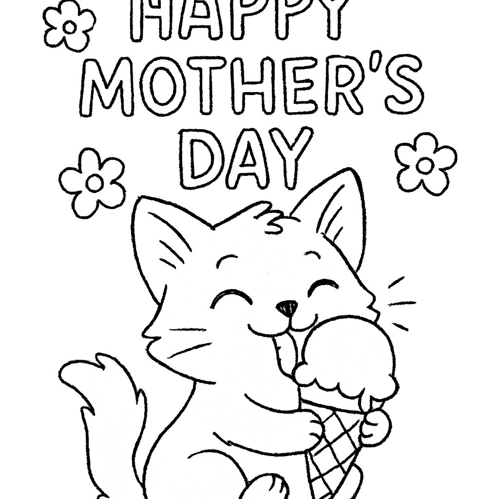 Gatto felice con gelato per la Festa della Mamma da colorare