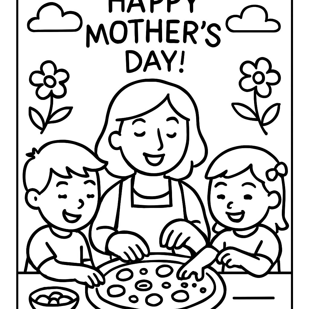 Disegno da colorare per la Festa della Mamma con bambini e dolci