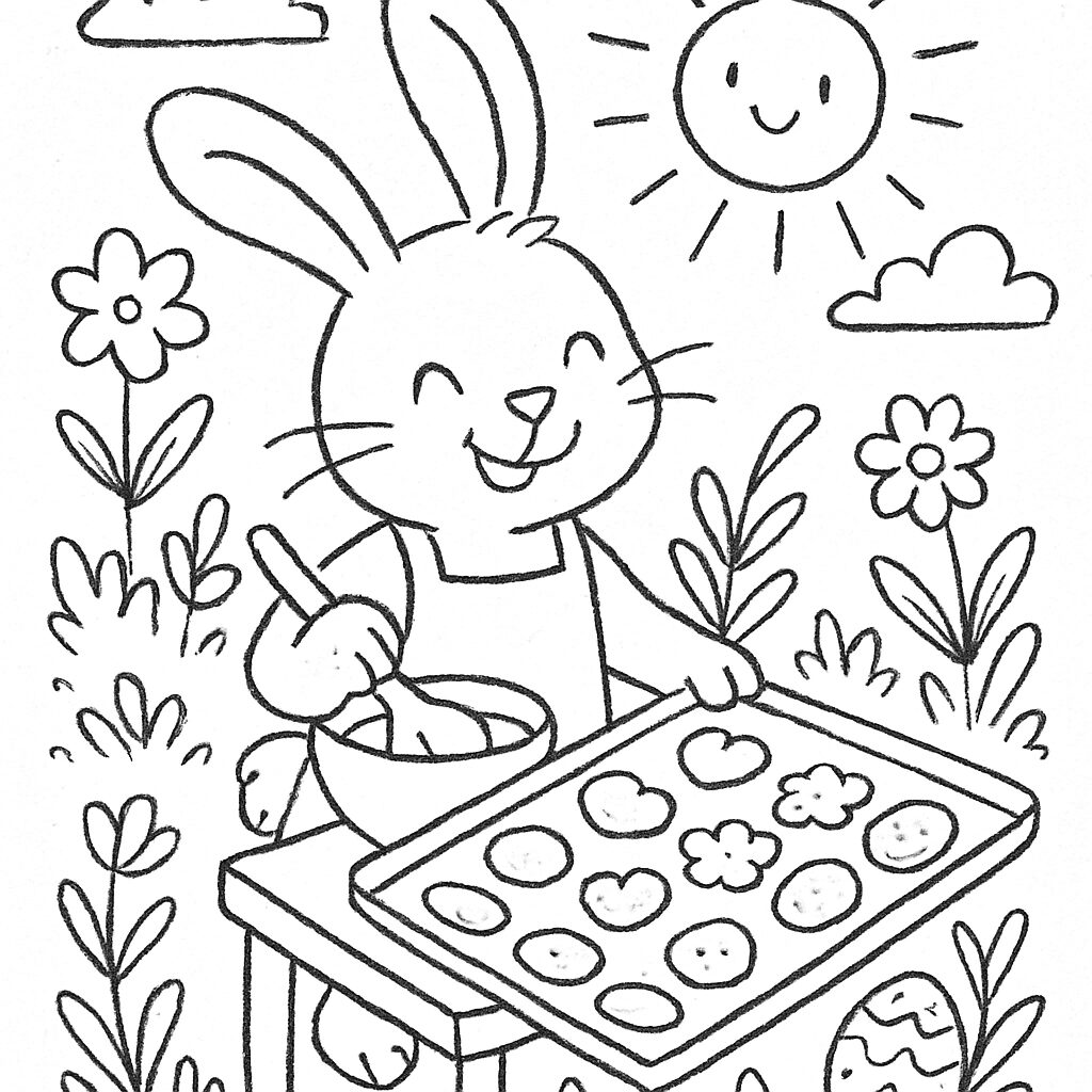 Coniglietto che prepara biscotti primaverili da colorare